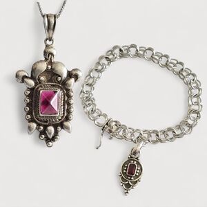 Vintage 925 sterling silver set of Necklace and bracelet With Real Stones